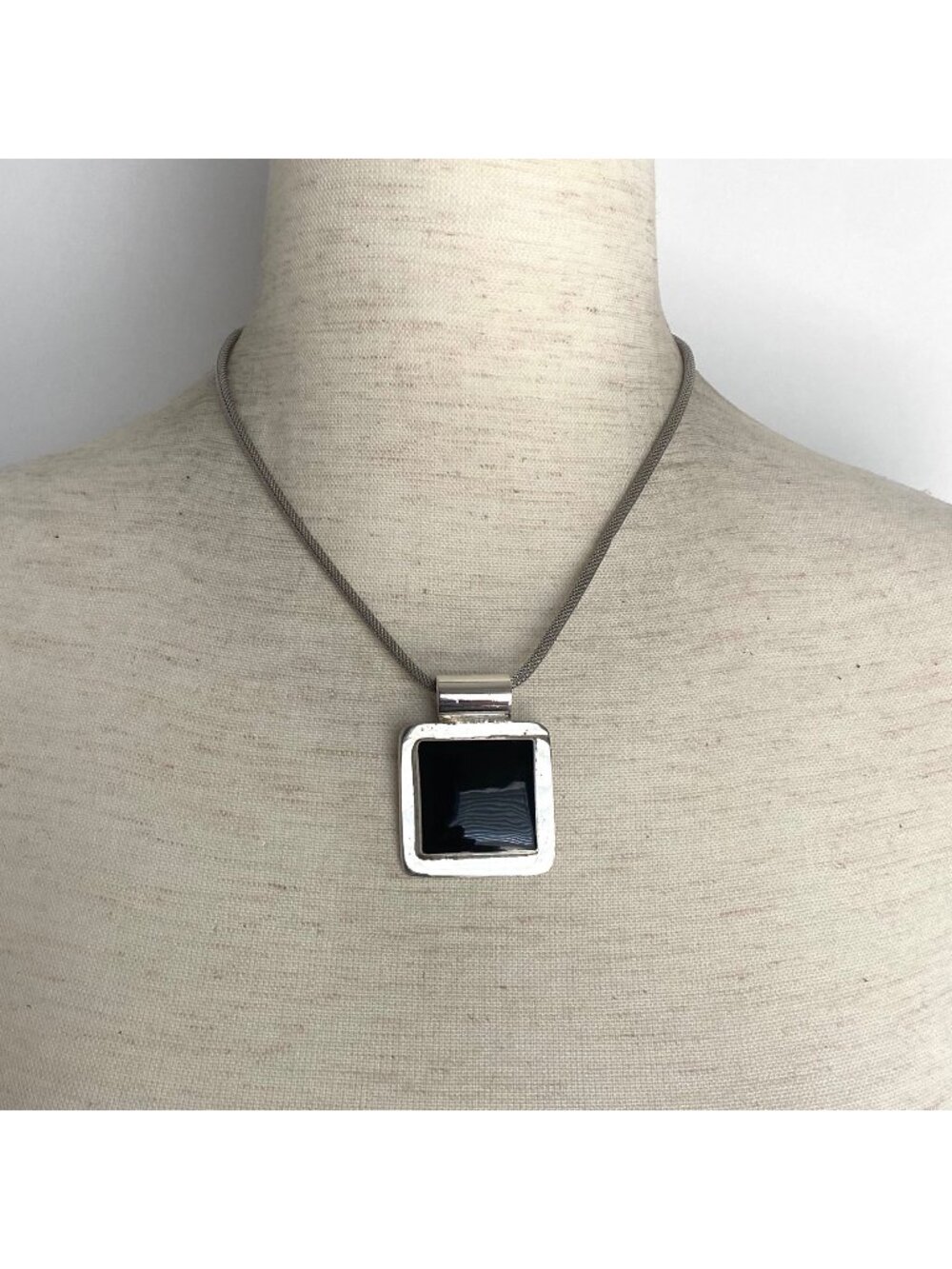 Sterling Silver 925 Mexico Square Black Onyx Pendant Necklace 16"-18" Mesh Chain